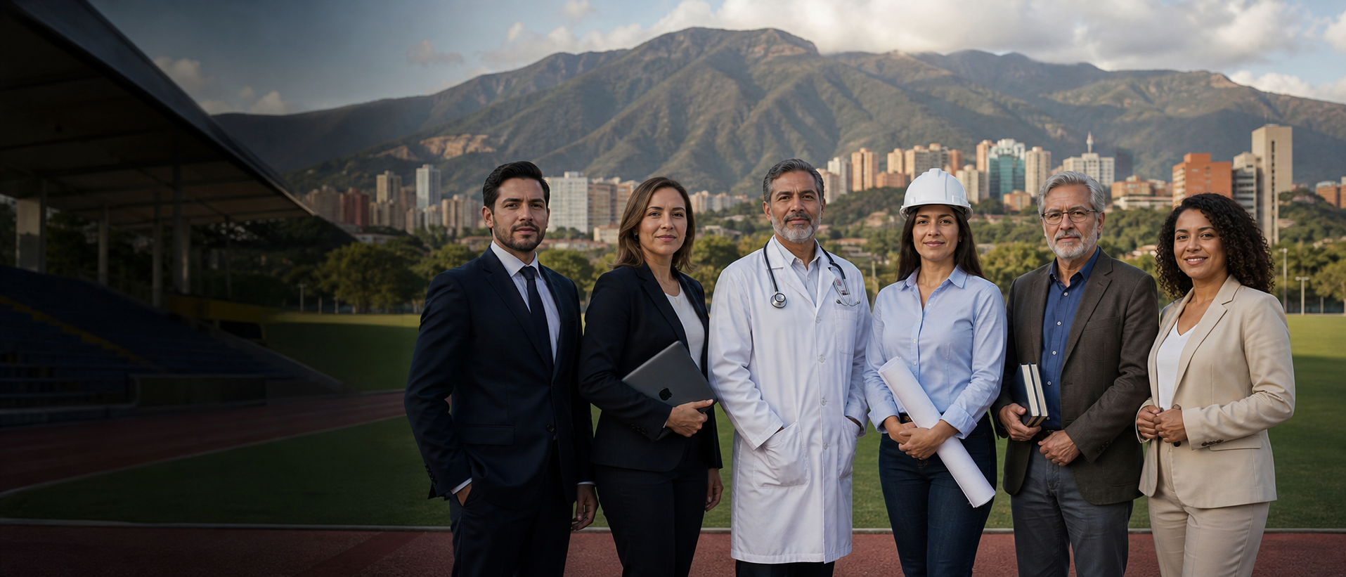 Representantes de gremios profesionales en un campo deportivo con Caracas y El Avila al fondo