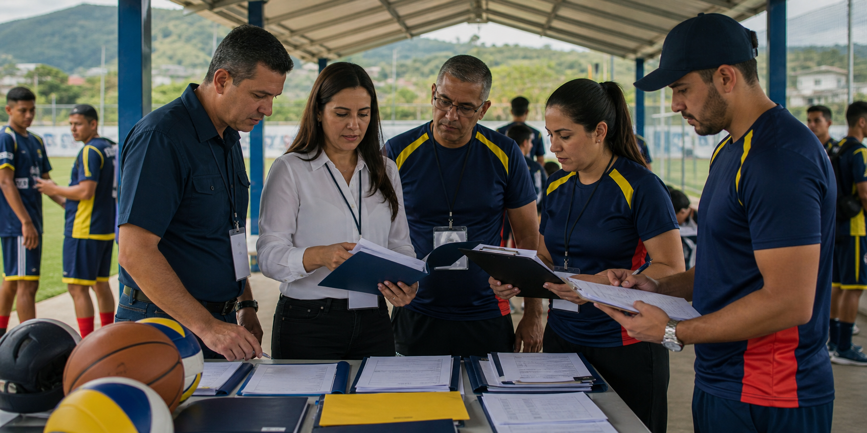 Equipo organizador revisando documentos de afiliación gremial en una cancha